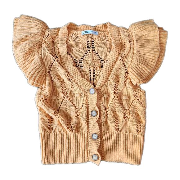 Zara Crochet Knit Women's Orange Flutter Sleeve V-Neck Button Front Top Sz Small - Picture 4 of 8